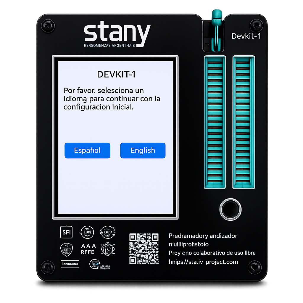DevKit-1 de Stany, programador multiprotocolo con pantalla táctil y zócalo ZIF